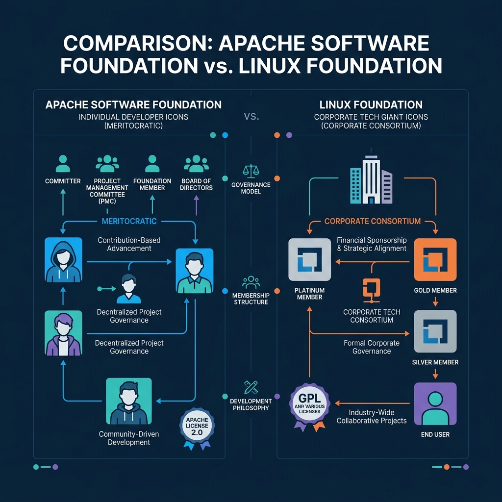 Comparison Diagram of ASF versus Linux Foundation showing individual vs corporate membership